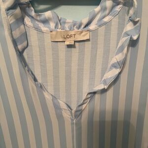 LOFT Blue and White Striped Sleeveless Top with Ruffled V-Neck
